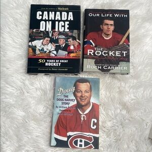 Hockey books Canada on ice, Doug Harvey Story, and our life with the rocket
